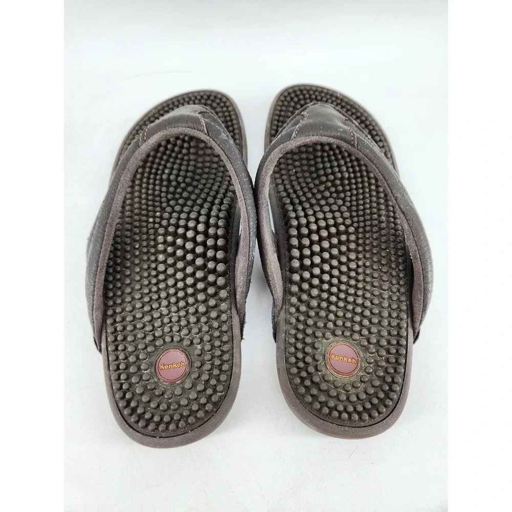 Kenkoh Spirit V Flip Flop Sandals Mens 9 Brown Leather Acupressure Massage 2314